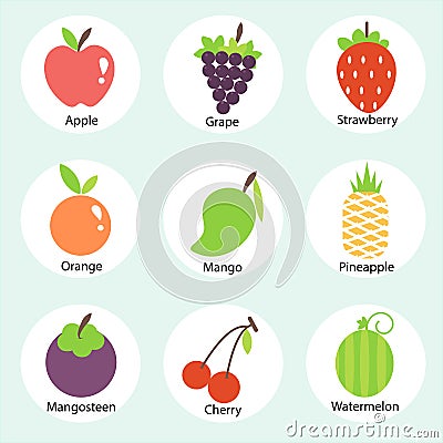 Vector fruits icon set on blue background. Vector Illustration