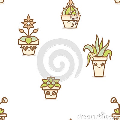 Vector Fun Kawaii House Plants in Terracotta Pots on White seamless pattern background. Perfect for fabric, scrapbooking Vector Illustration
