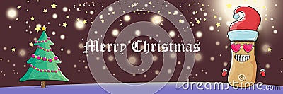 vector funky cartoon smiling santa claus potato with red santa hat and calligraphic christmas text on horizontal night Vector Illustration