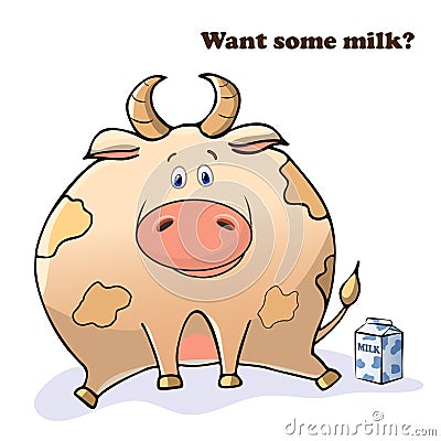 Vector funny animal. Thick cute cow with a box of milk. Postcard with a comic phrase. Cute fat animal. Isolated object on white Vector Illustration