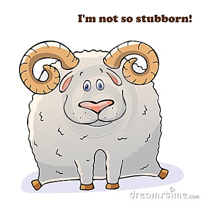 Vector funny animal. Thick cute sheep with horns. Postcard with a comic phrase. Cute fat animal. Isolated object on white Vector Illustration