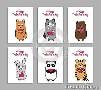 Vector funny animals hand drawn picture for Valentines Day Vector Illustration
