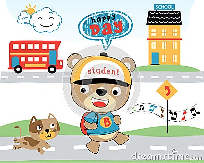 Vector of funny bear with cat going to schoo Vector Illustration