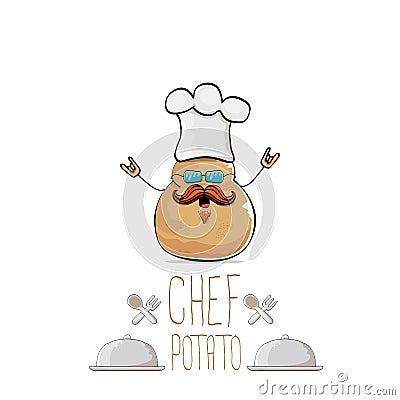 Vector funny cartoon cute brown chef potato with mustache and beard Vector Illustration