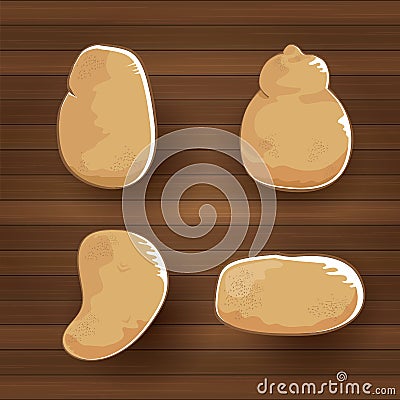 Vector funny cartoon cute brown sweet potatoes set flat lay on wooden table background. potato label design . top view Vector Illustration