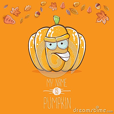 Vector funny cartoon cute orange smiling pumkin isolated on orange background. My name is pumkin vector concept Vector Illustration