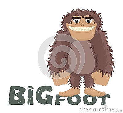 Vector funny cartoon sasquatch, yeti, bigfoot standing friendly smile. Caveman standing and smiling while standing on the letters. Vector Illustration