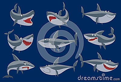 Vector funny cartoon shark fish swimming imal sea isolated shark character underwater cute marine wildlife mascot. Scary Vector Illustration