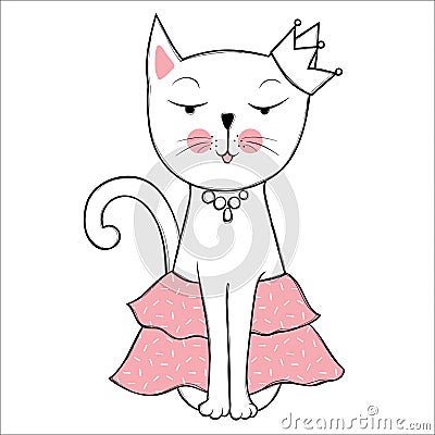 Vector funny cat with crown. Cute kitten hand drawn illustration Vector Illustration