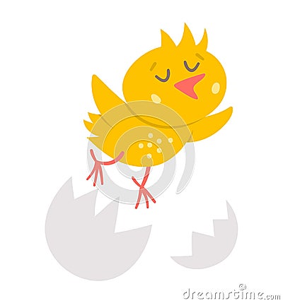 Vector funny chick icon. Spring, Easter or farm little bird illustration. Cute yellow just hatched chicken flying out of egg shell Vector Illustration