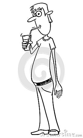 Vector Comic Cartoon of Man Drinking Soda Pop or Water or Fizzy Drink or Lemonade or Drink by Straw Vector Illustration