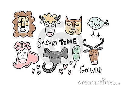 Vector funny magical safari cute animals set Cartoon Illustration