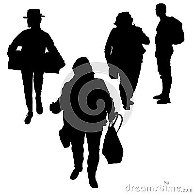 Vector funny people silhouettes. Woman bag in hand, man with backpack. Overweight people, silhouette of a girl in a hat with a box Vector Illustration
