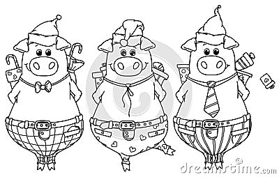 Vector funny pigs with gifts. Vector Illustration