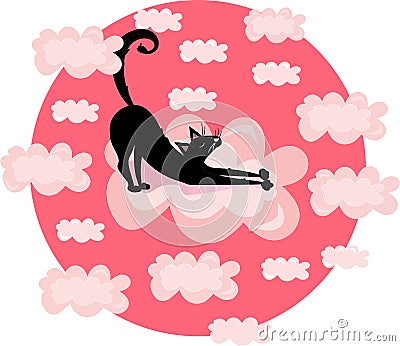 Vector funny print illustration with black cat, kitty in the clouds. Pink circle background. Vector Illustration