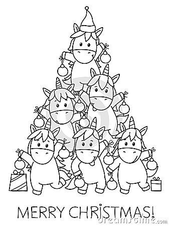Vector funny unicorns holding baubles, black silhouette for coloring. Unicorn Christmas tree card Vector Illustration