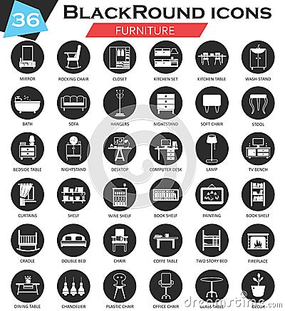 Vector Furniture circle white black icon set. Ultra modern icon design for web. Vector Illustration