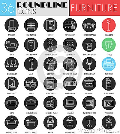 Vector furniture interior circle white black icon set. Modern line black icon design for web. Vector Illustration