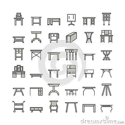 Vector furniture line icons, table symbols. silhouette of different table - dinner, writing, dressing table. Linear desk pictogram Vector Illustration