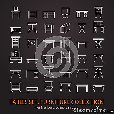 Vector furniture line icons, table symbols. silhouette of different table - dinner, writing, dressing table. Linear desk pictogram Vector Illustration