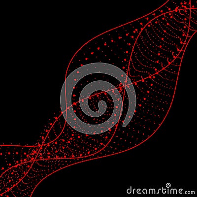 Vector futuristic background. Red wavy abstract lines dots on a black background. Vector Illustration