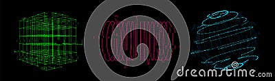 Vector futuristic glitch sphere, cube, cylinder of particles and lines. Network connection big data. Abstract technology Vector Illustration