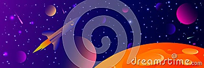Vector futuristic space background with bright light planets and stars. Cosmos banner with neon light 3d objects and glowing Stock Photo