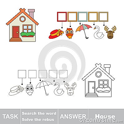 Vector game. Find hidden word hause. Search the word. Vector Illustration