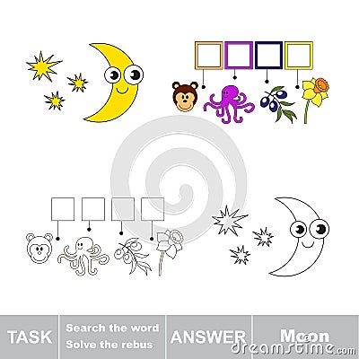 Vector game. Search the word. Find hidden word Moon Vector Illustration