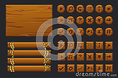 Vector game ui big kit. Template wooden menu of graphical user interface GUI and buttons to build 2D games. Vector Illustration