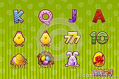 Vector Gaming icon of Easter symbols for slot machines and a lottery or casino. Cartoon set 12 paschal`s icons. Game casino, slot Vector Illustration