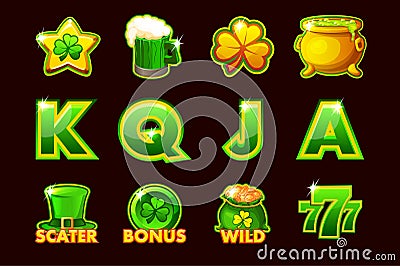 Vector Gaming icon of St.Patrick symbols for slot machines and a lottery or casino. Set 12 icons. Vector Illustration