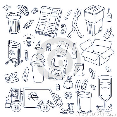 Vector garbage doodle elements set. Waste recycling objects. Trash can types, plastic, bottles, garbage truck, janitor Vector Illustration