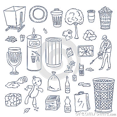 Vector garbage doodle elements set. Waste recycling objects. Trash can types, plastic, bottles, garbage truck, janitor Vector Illustration