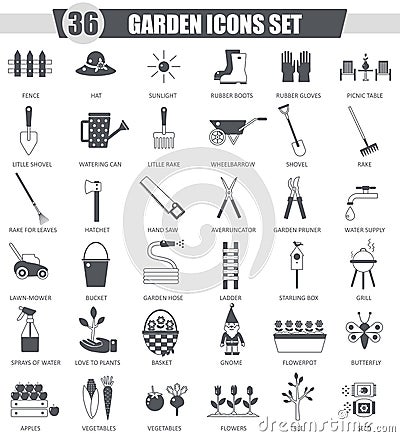 Vector Garden black icon set. Dark grey classic icon design for web. Vector Illustration