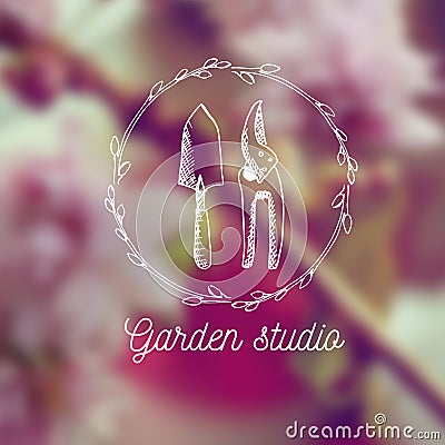 Vector garden emblem and logo design template. Garden studio - vintage illustration with hand drawn elements. Vector Illustration