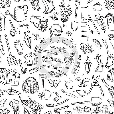 Vector gardening doodle icons background or pattern illustration Vector Illustration