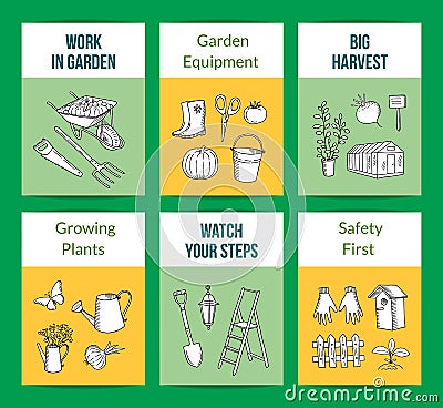 Vector gardening doodle icons card templates set illustration Vector Illustration