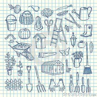 Vector gardening doodle icons on cell sheet illustration Vector Illustration