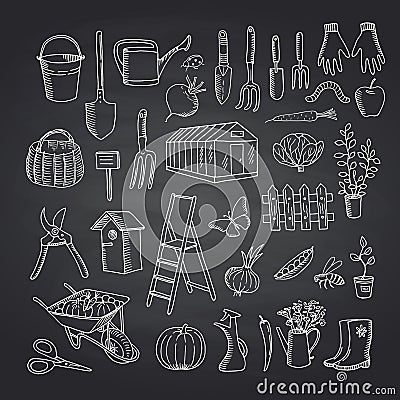 Vector gardening doodle icons on black chalkboard illustration Vector Illustration