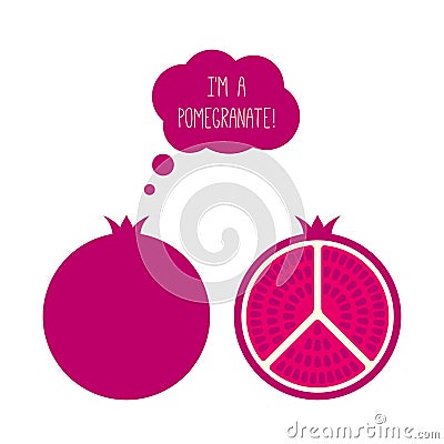 Vector Garnet, Pomegranate Whole and Half Cut. Thought or Think Bubble. Flat Style Illustration Vector Illustration