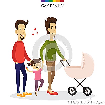 Vector gay couple love concept. Family of two men, daughter and baby in the cradle. Romantic illustration. Vector Illustration