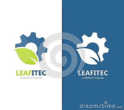 Vector of gear and leaf logo combination. Mechanic and eco symbol or icon. Unique organic factory and industrial Vector Illustration