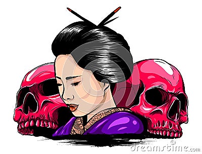 Vector illustration of geisha skull with vintage tattoo design style and japan traditional kanji words means strength Vector Illustration