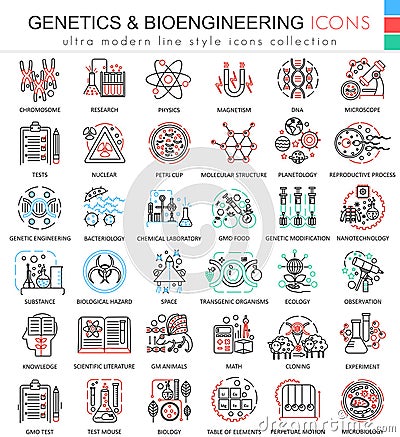 Vector Genetics and biochemistry color flat line outline icons for apps and web design. Genetics chemical high Vector Illustration