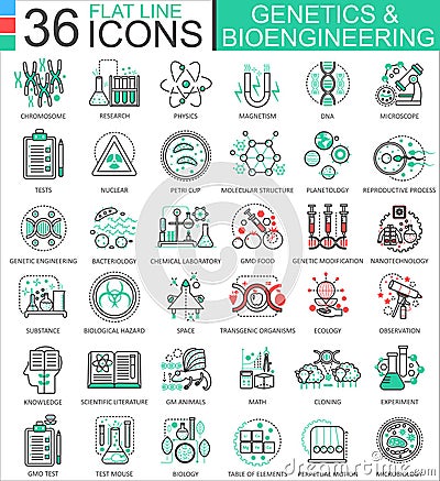 Vector Genetics and biochemistry flat line outline icons for apps and web design. Genetics chemical high technology Vector Illustration