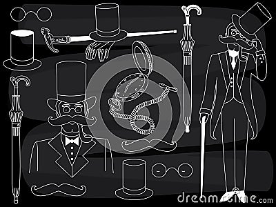 Vector Chalkboard Gentleman Set with Vintage Accessories Vector Illustration