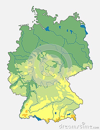 Vector geographic map of the Germany. Topographic map with contours, all water objects, mountains. Vector illustration Stock Photo