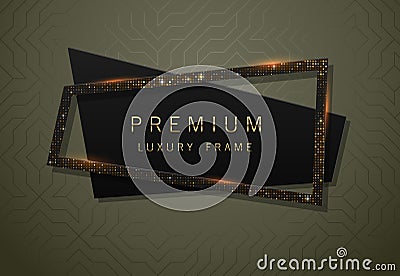 Vector geometric black banner with sparkling golden sequins frame. Premium label design for logo Vector Illustration