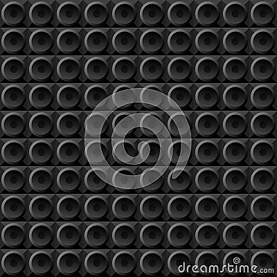 Vector geometric seamless pattern black circles on black squares, stylized disco speakers subwoofers. black background on the Vector Illustration